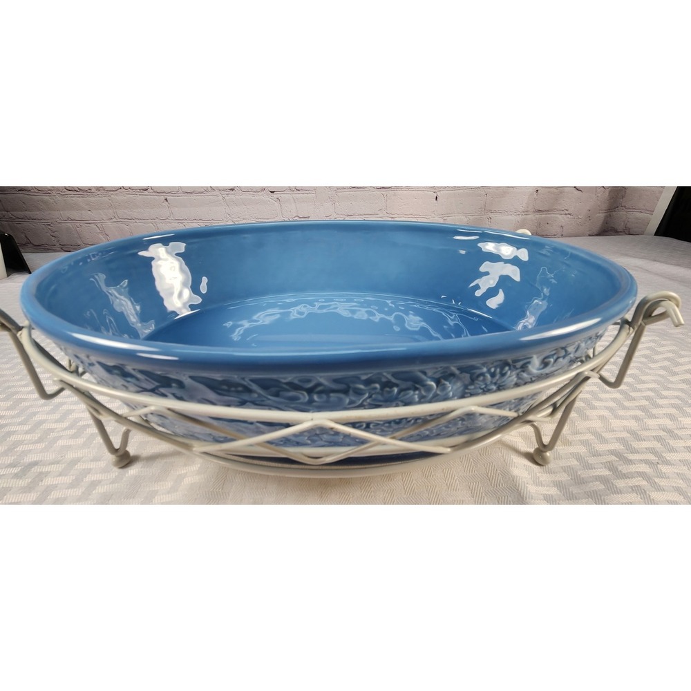 Temptations Blue Bouquet 2 Quart Oval Serving Bowl + Trivit & Carrying Retired
